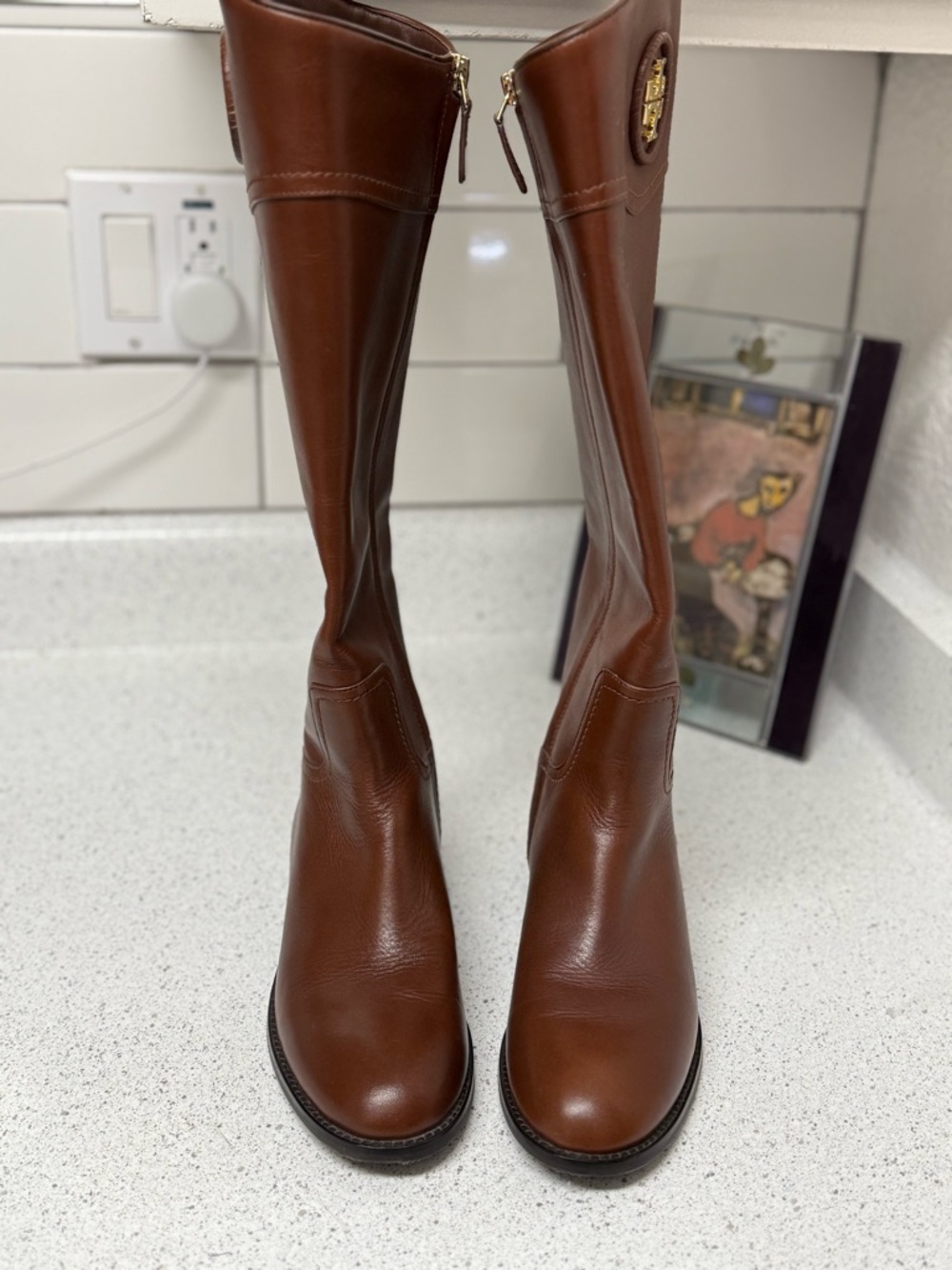 Tory Burch Chestnut Brown Leather Knee Boots with Gold Logo - Picture 3 of 9